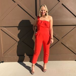 One shoulder orange/red jumpsuit